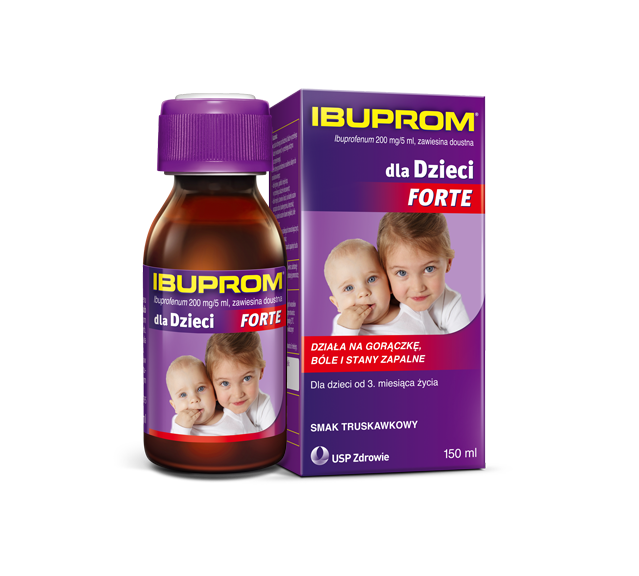 Ibuprom dla dzieci Forte 150 ml zawiera ibuprofen 40 mg/ml, stosowanie od 3 miesiąca życia, lek o smaku truskawkowym.